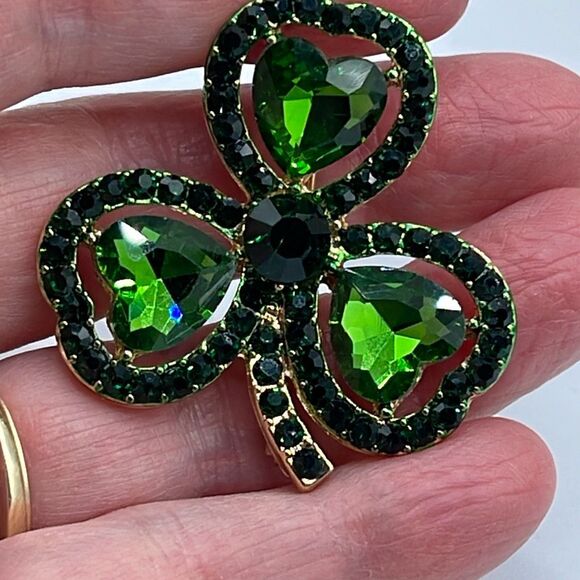 NWT Luck of the Irish big green crystal clover brooch - Picture 2 of 6